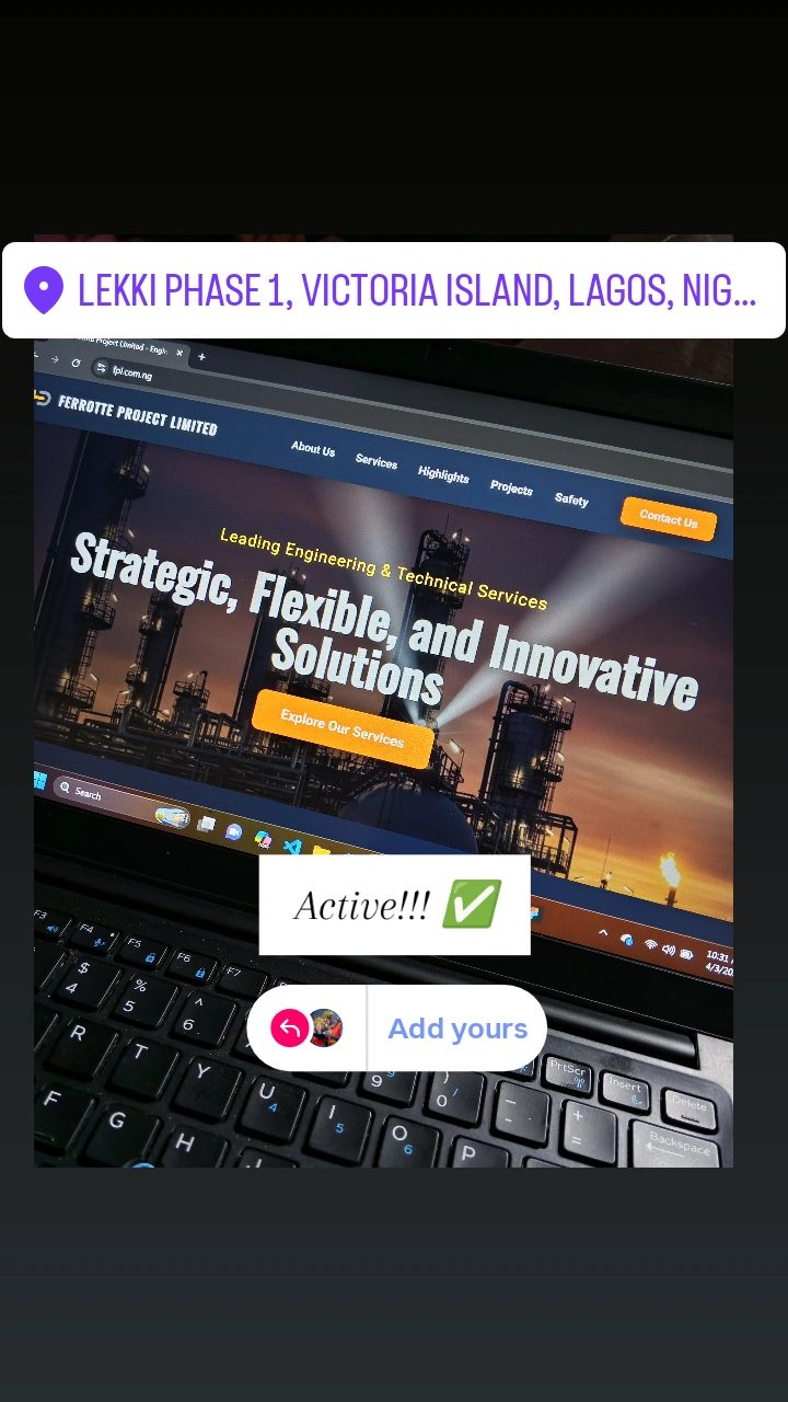 Ferrotte Project Limited website shown on a laptop, marked Active